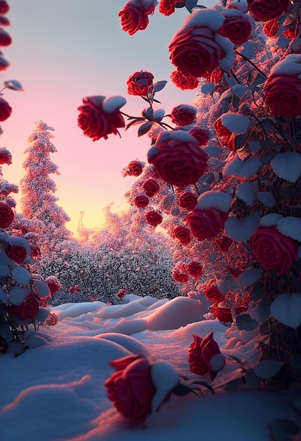 Czerwone róże udrapowane szronem śniegu Tło Walentynki Utworzono za pomocą technologii generatywnej sztucznej inteligencji