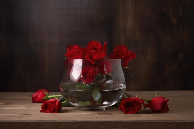 Czerwone róże unoszące się w szklanym wazonie na drewnianym stole stworzonym za pomocą generatywnej sztucznej inteligencji