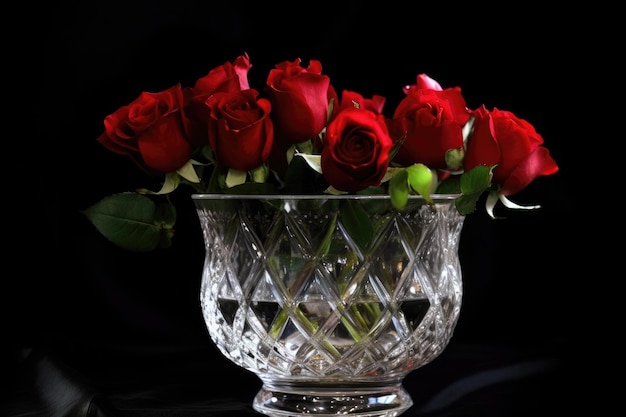 Czerwone róże w kryształowym wazonie na białym lub czarnym tle utworzone za pomocą generatywnej ai