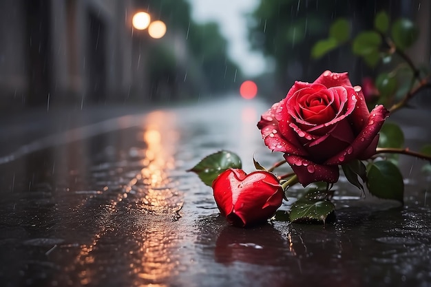 Czerwone róże z sercem na drodze w deszczowe zimowe noce