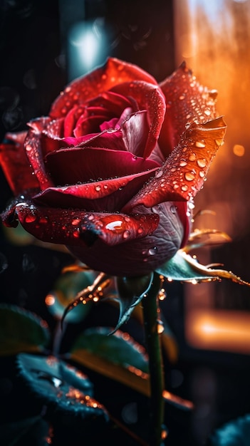 Czerwone róże z wodnymi kroplami na tle