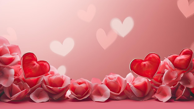 czerwone serca i róże na jasnym i kolorowym tle różowe tło tworzy wizualnie uderzającą scenę pozostawiając dużą przestrzeń dla tekstu przekazującego wiadomości miłości i uczuć