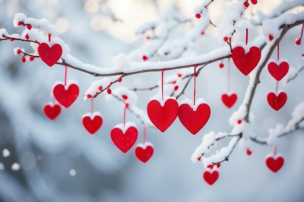 Zdjęcie czerwone serca na śnieżnych gałęziach drzew w zimie święta szczęśliwe święto walentynki świętowanie serca koncepcja miłości