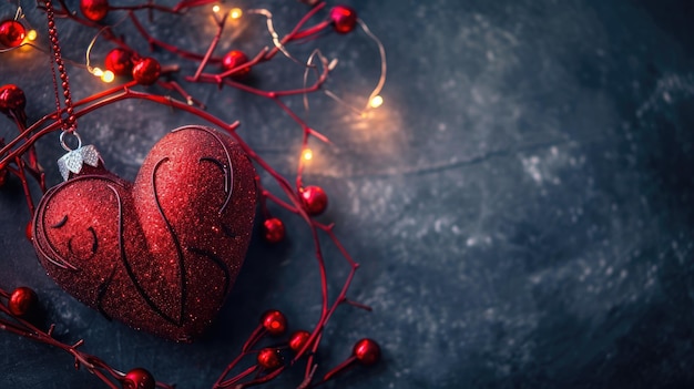 Zdjęcie czerwone serca z motywem święta walentynek ozdobione romantycznymi dekoracjami na ciemnym tle