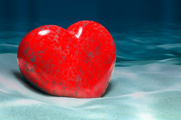 Czerwone serce na dnie oceanu podwodne renderowanie 3D