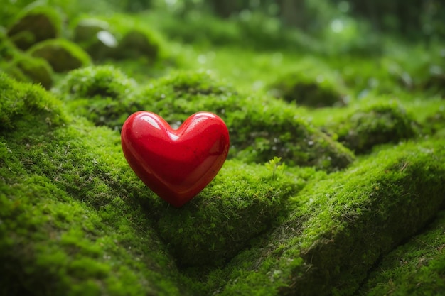 Czerwone serce na zielonym mchie koncepcja opieki nad przyrodą