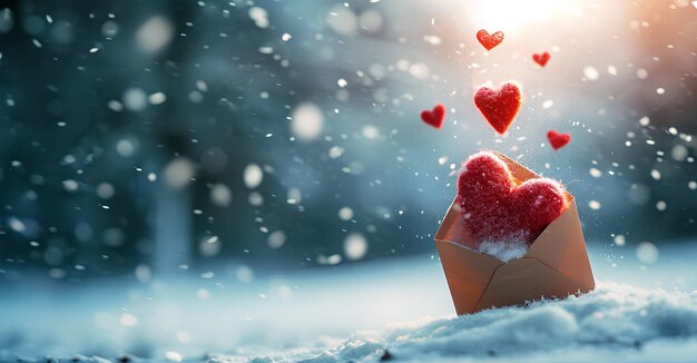 Czerwone serce w kopertce na śnieżnym tle Koncepcja Dnia Walentynek