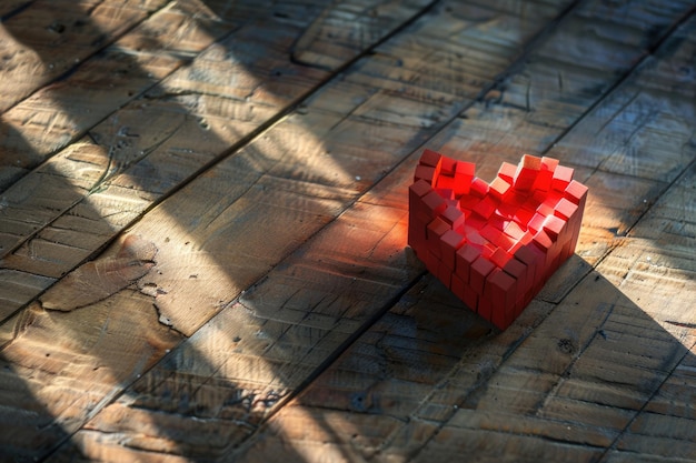 Czerwone serce wykonane z sześcianów z dramatycznym cieniem na drewnianym tle