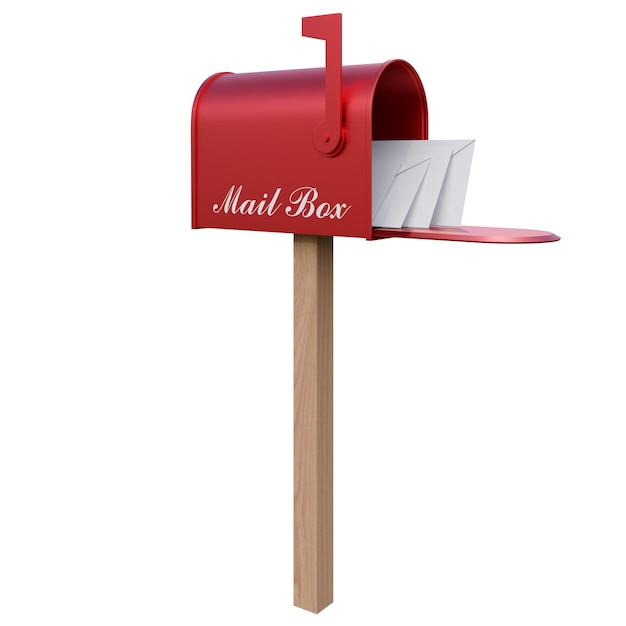 Czerwone skrzynki pocztowe z otwartymi drzwiami, podniesiona flaga i koperta z listami wewnątrz 3D renderują ilustrację izolowaną na białym tle z ścieżką wycinania