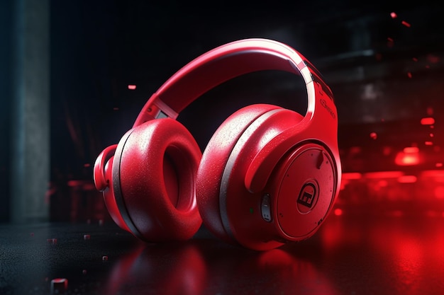 Czerwone słuchawki na ciemnym tle Koncepcja muzyki Renderowanie 3D