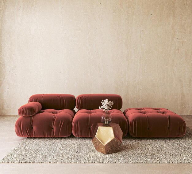 Czerwone sofy z złotym akcentem w nowoczesnym wnętrzu