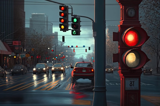 Czerwone światło drogowe z widokiem na ruchliwą ulicę i samochody czekające na skrzyżowanie