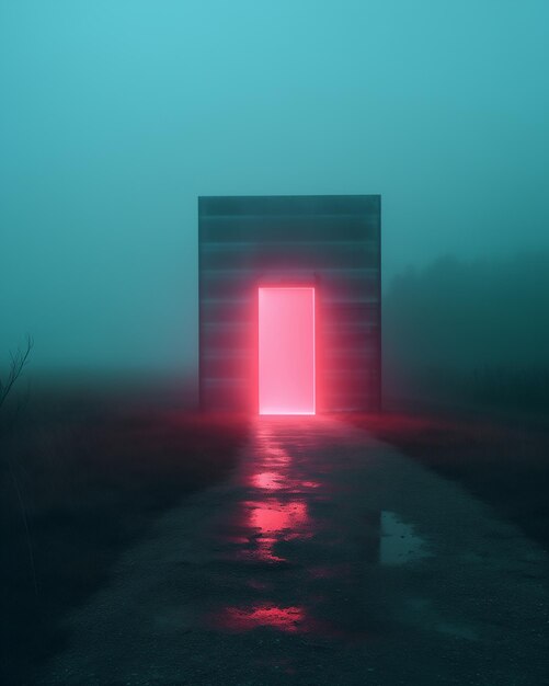 Czerwone światło wychodzi z drzwi w mglistym polu.