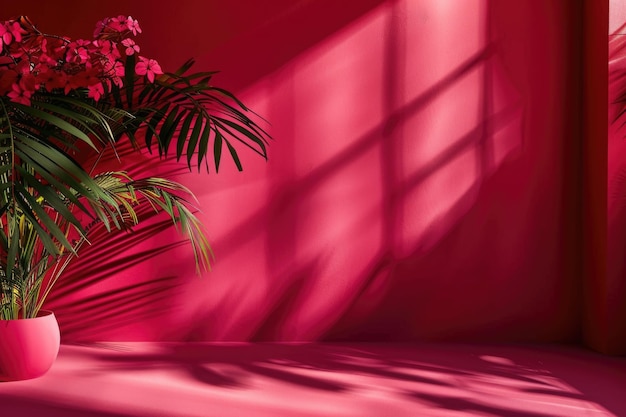 Czerwone tło studia z cieniami okien, liście palmowe, przestrzeń do kopiowania