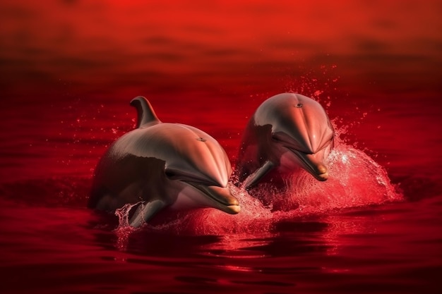 Czerwone tło z dwoma delfinami pływającymi w wodzie