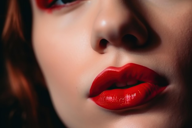 Czerwone usta szminki transpłciowego geja z makijażem na twarzy zbliżenie Generative AI