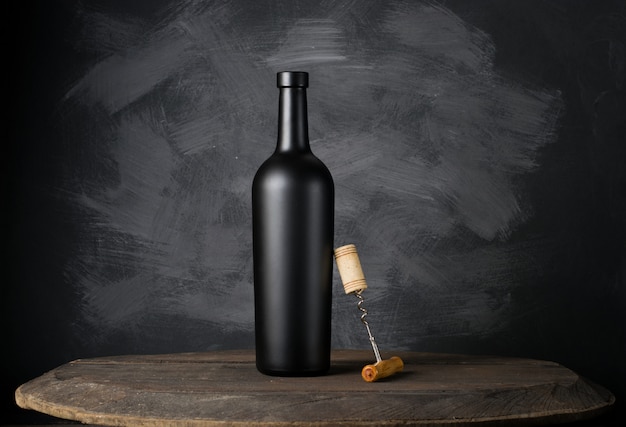 Zdjęcie czerwone wino butelka na drewnianym tle