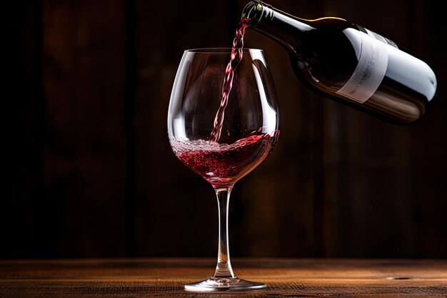 Czerwone wino wlewa się do szkła na drewnianym tle