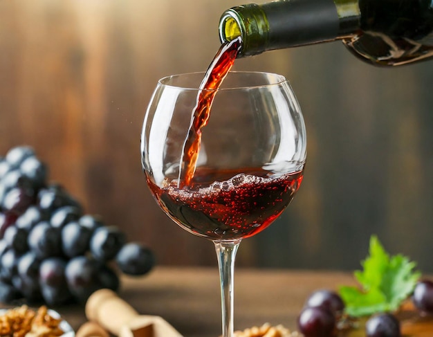 Czerwone wino wylewane do kieliszka do wina na drewnianym stole