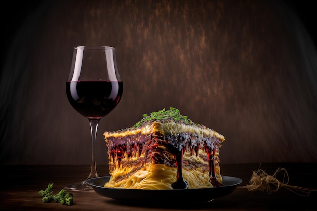 Czerwone wino z ładnym gorącym kawałkiem lasagne selektywnej uwagi