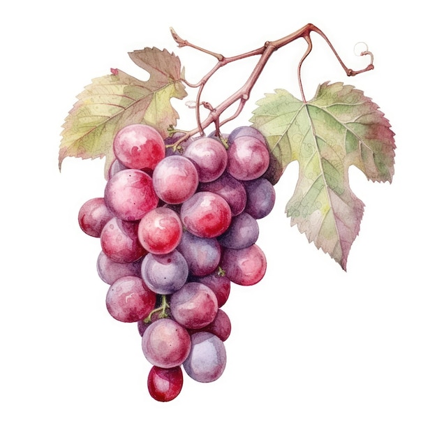 Czerwone winogrona w stylu przypominającym akwarele z konturem tuszu na białym tle generatywnej AI
