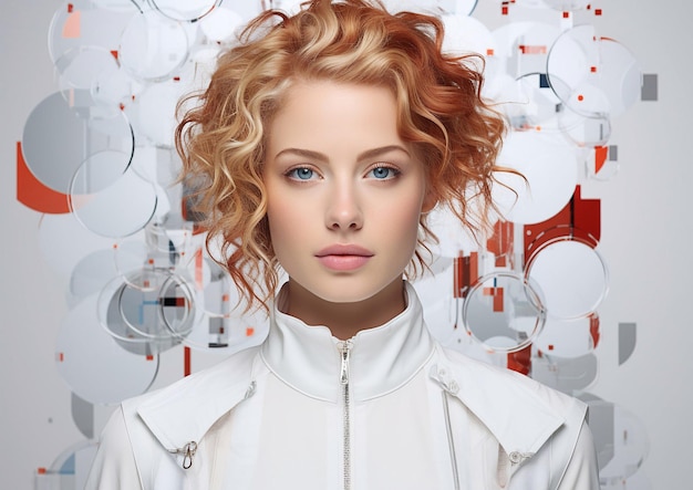 Czerwone włosy futurystyczna piękność kobieta w białym futurystycznym stroju mody na jasnym tle