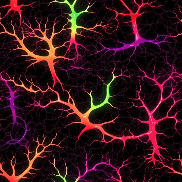 Zdjęcie czerwone zielone fioletowe neurony na czarnym bezszwowym tle dachówka generatywna ai