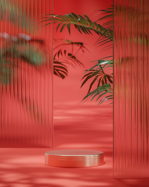 Czerwone złoto podium stoisko tropikalne drzewa leśne czerwone tło do lokowania produktu renderowania 3d