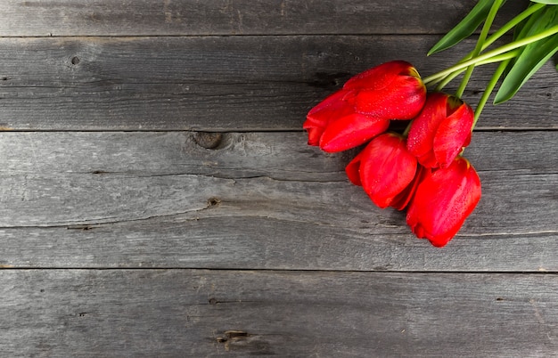 Czerwoni tulipany na ciemnym drewnianym tle