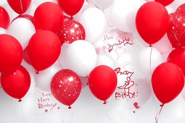 czerwono-białe balony z napisem „Wszystkiego najlepszego z okazji urodzin”.