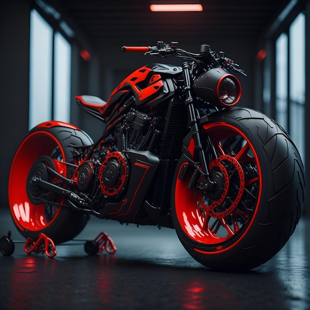 Czerwono-czarny motocykl stoi w ciemnym pokoju z włączonymi światłami.