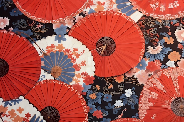 Zdjęcie czerwono-niebieska tapeta w kwiaty z czerwonym parasolem.