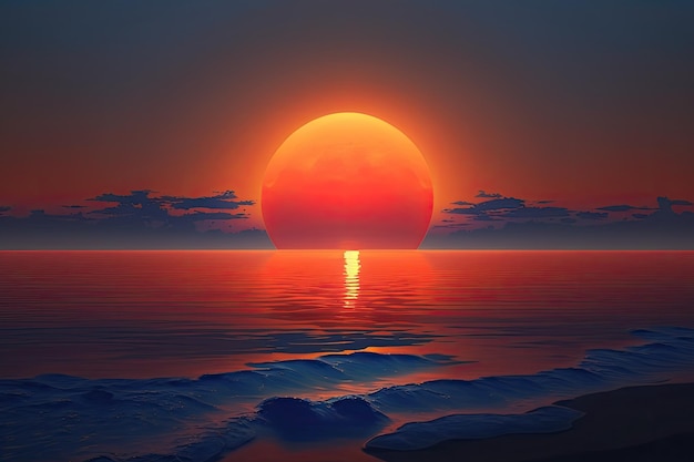 Czerwono-pomarańczowe słońce wschodzi nad błękitnym oceanem