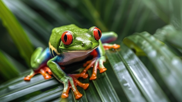 Czerwonooka żaba drzewna Amazonii uchwycona przez kamerę pod palmą Generative Ai