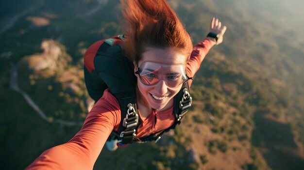 Zdjęcie czerwonowłosa kobieta skacząca ze spadochronem z okularami generatywnej sztucznej inteligencji