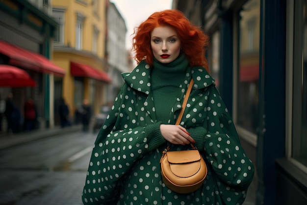 Czerwonowłosa kobieta w zielonym poncho idzie ulicą