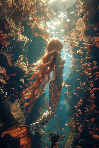 Czerwonowłosa syrena pływająca w oświetlonej przez słońce rafie koralowej
