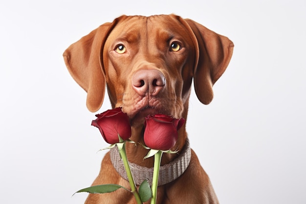 Czerwonowłosy pies Vizsla trzyma różę na Walentynki