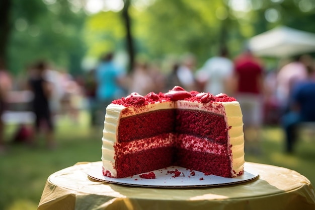 Czerwony aksamitny tort zjadany przez różnorodną grupę ludzi na imprezie lub spotkaniu