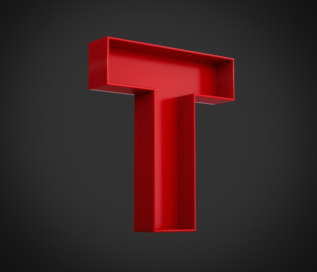 Czerwony alfabet T z wewnętrznym cieniem na czarnym tle ilustracji 3d