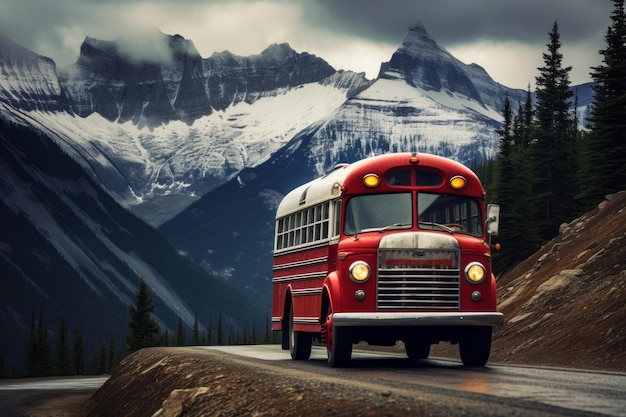 Czerwony autobus retro van stojący na polnej górskiej drodze pełnej śniegu Koncepcja wakacyjnej podróży