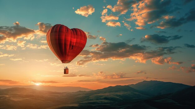 Czerwony balon na gorące powietrze w kształcie serca pływa na tle dramatycznego zachodu słońca z rozproszonymi chmurami