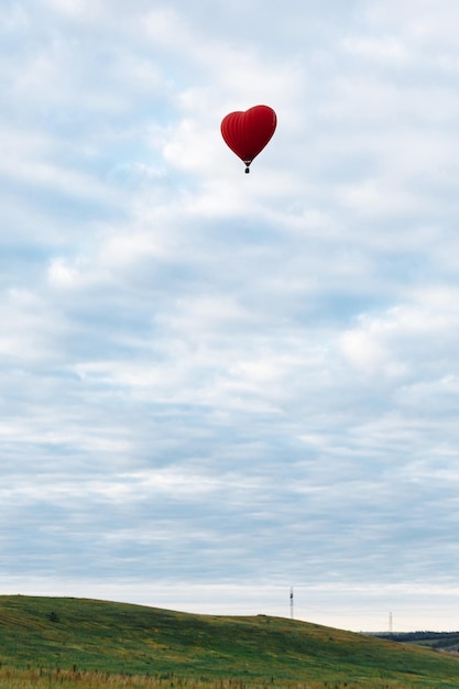 Czerwony Balon Na Ogrzane Powietrze W Kształcie Serca Ląduje Na Zielonym Polu