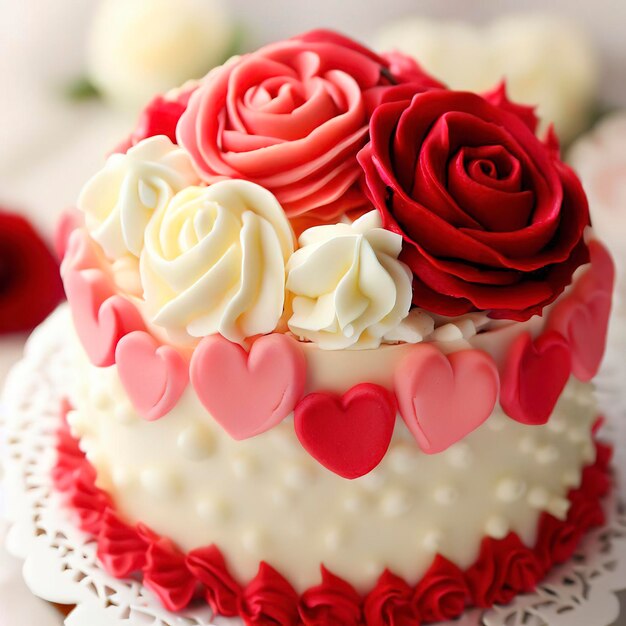 Zdjęcie czerwony biały kremowy tort z różami i sercami