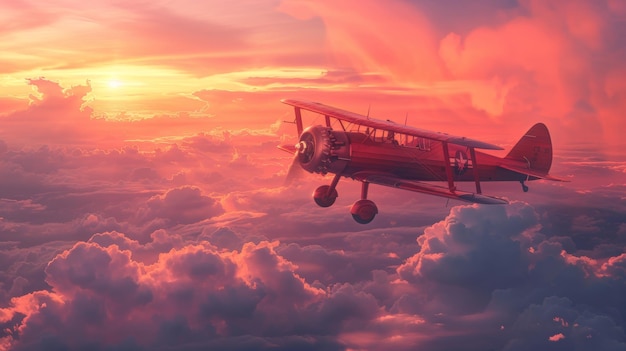 Czerwony biplan lata przez chmury w stylu retro.