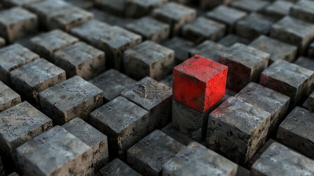 Czerwony blok wyróżnia się w grupie szarych bloków