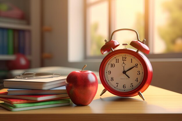 Czerwony budzik i jabłko na rozmytym szkolnym tle Generacyjna sztuczna inteligencja