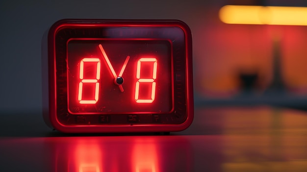 Zdjęcie czerwony budzik retro z świecącym czerwonym wyświetlaczem cyfrowym pokazującym czas 0808 znajduje się na odblaskowej powierzchni z niewyraźnym tłem ciepłego l