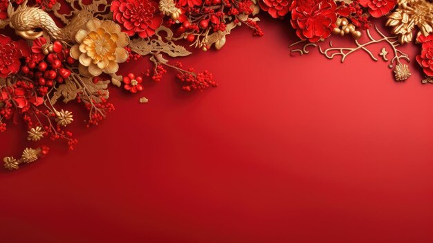 Zdjęcie czerwony chiński nowy rok smok kwiatowa azjatycka ramka kopia przestrzeń tło