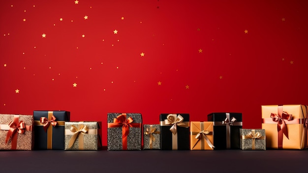 Czerwony czarny i złoty prezenty świąteczne Piękne zdjęcie ilustracji Generative AI